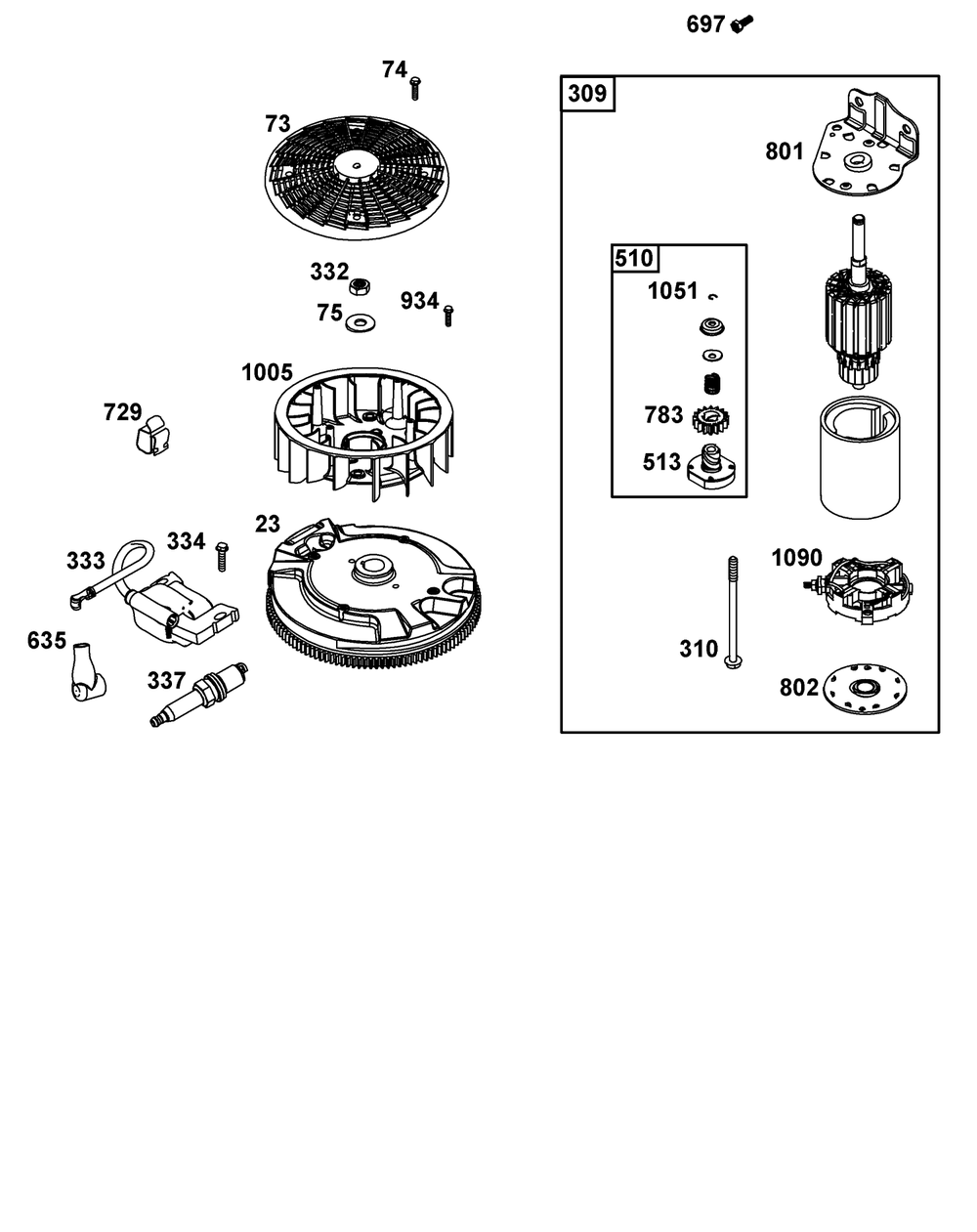 Flywheel, Ignition, And Starter Group Diagram and Parts List for 40N877-0072-B5  Briggs and Stratton Engine
